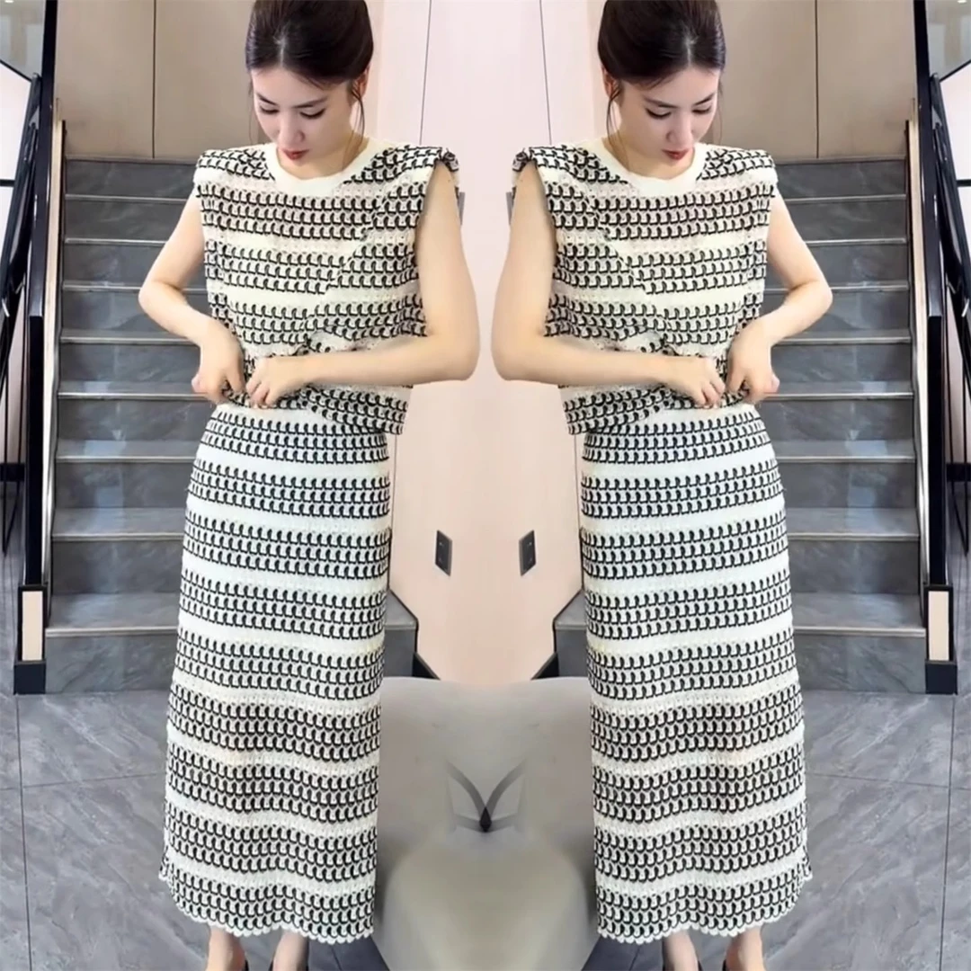 欧货条纹无袖上衣两件套2025夏季新款名媛气质小香风半身裙套装裙