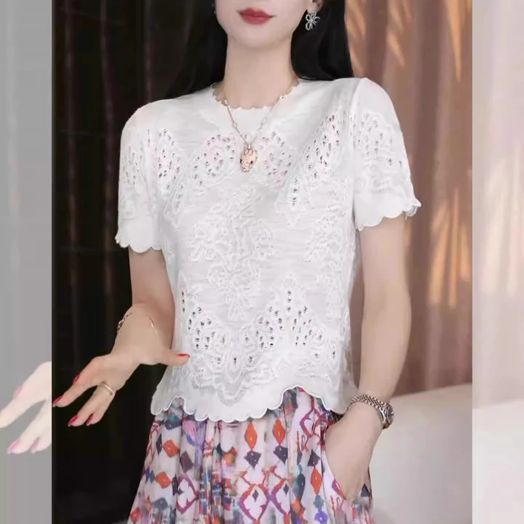 芯娇晴白色钩花镂空短袖针织衫女夏季韩系t恤2025年新款独特上衣