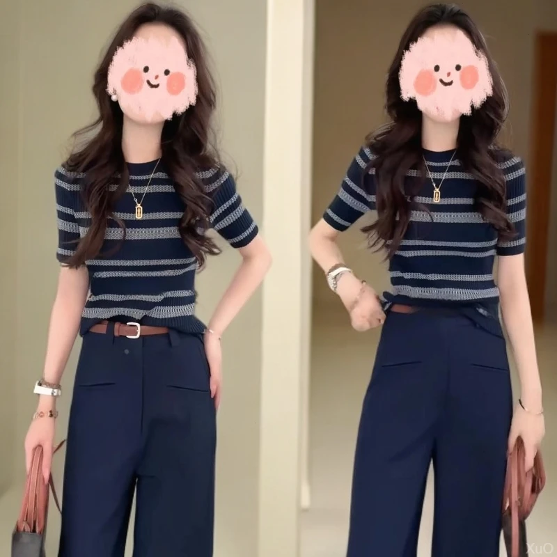 条纹阔腿裤两件套装女短袖T恤夏日一整套欧货高腰时尚穿搭2025年