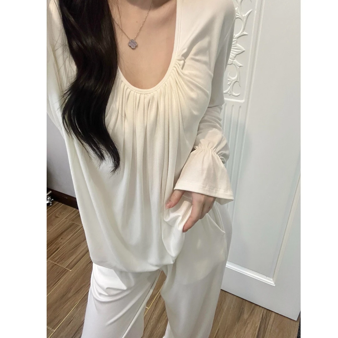 褶皱设计感莫代尔带胸垫睡衣女春秋季新款休闲大码家居服套装外穿