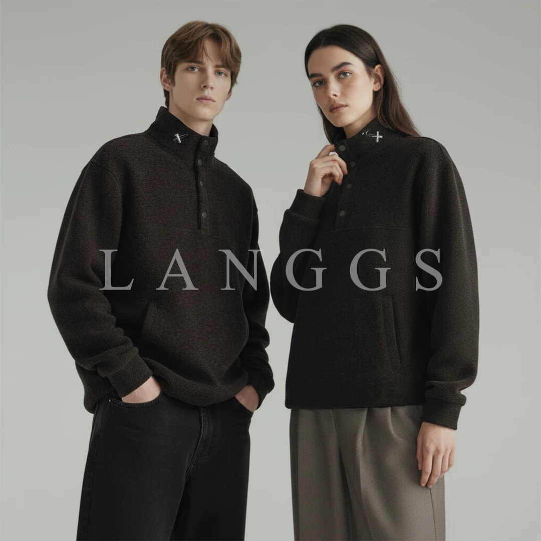 LANGGS&浪叔 『深棕秘境』25冬季美式复古高领纽扣套头卫衣-FW54147