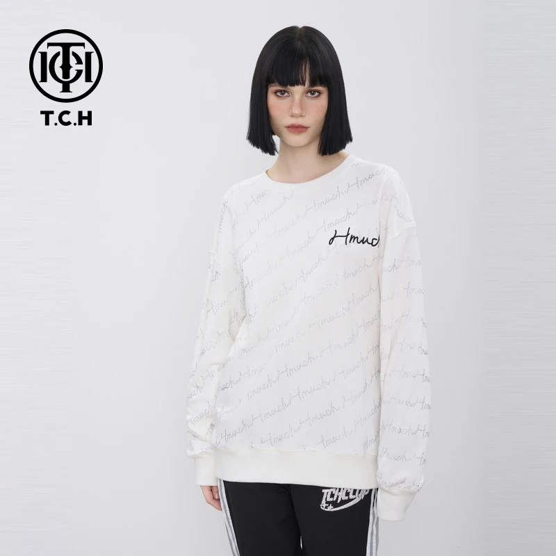 潮牌-TCH潮牌休闲时尚百搭字母满钻圆领长袖白色卫衣T66C11E6006