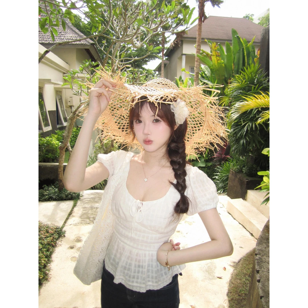 法式小香风气质格纹短袖t恤女夏季小个子甜美短款方领泡泡袖上衣