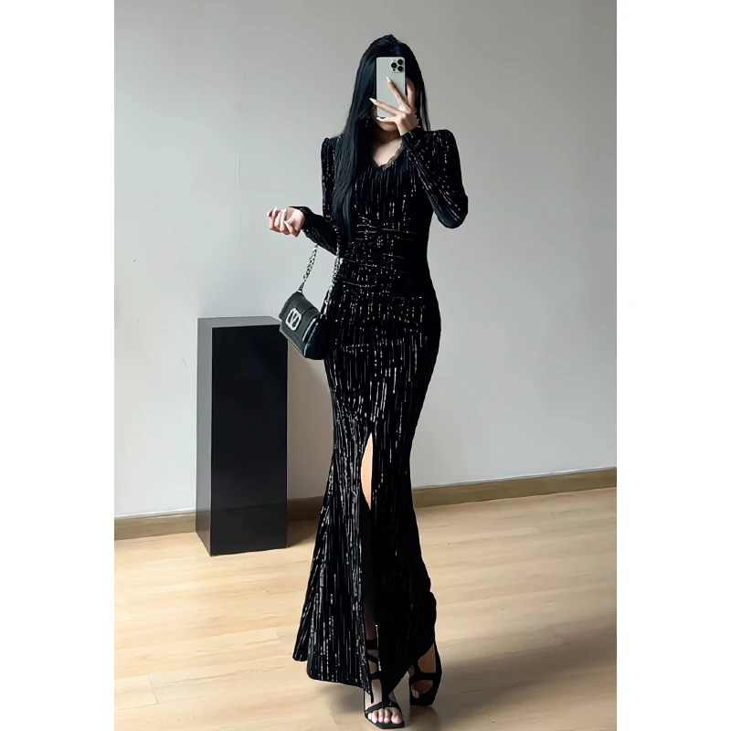 重工烫钻V领花边长袖连衣裙女秋冬开叉包臀鱼尾裙优雅气质长裙