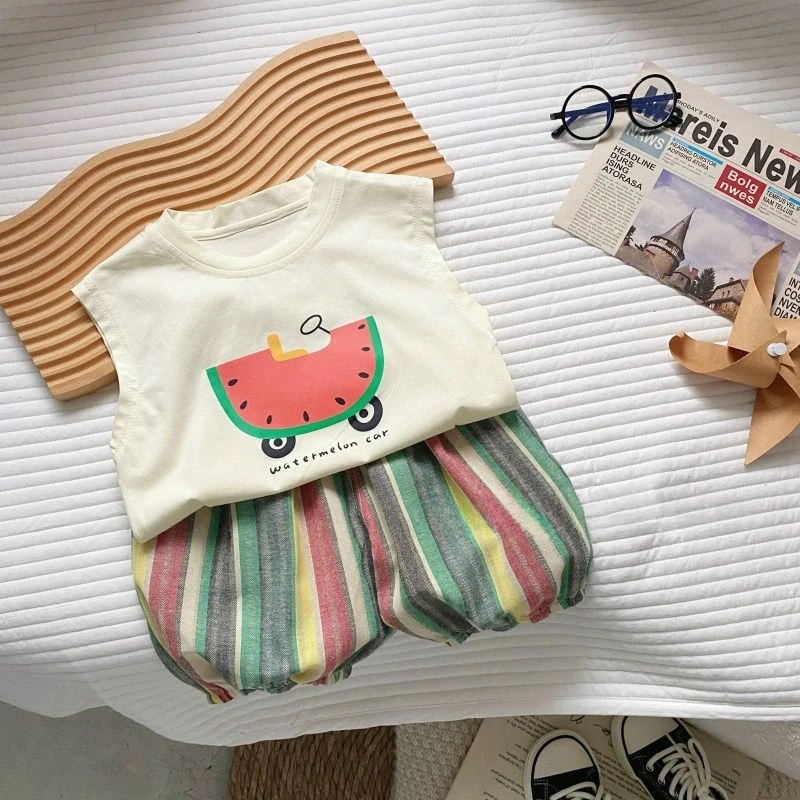 儿童夏季背心套装薄卡通西瓜无袖上衣韩版男宝宝百搭条纹七分裤潮