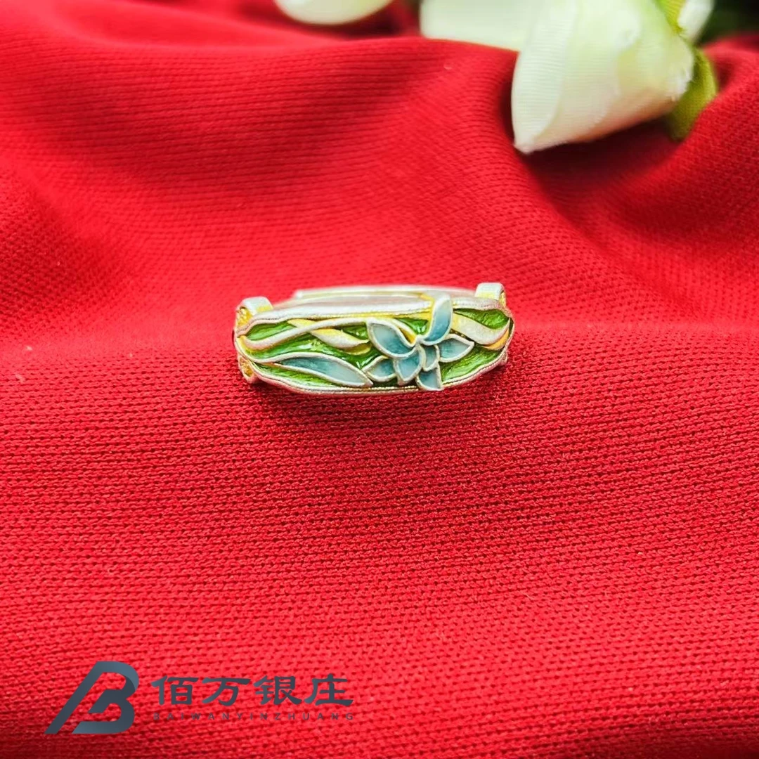 足银戒指 【佰万银庄】足银9999兰花草荷花珐琅彩开口戒指约4.53g