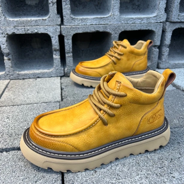 轻奢皮面低帮高帮板鞋保暖高帮增高马丁靴英伦风大黄靴男鞋