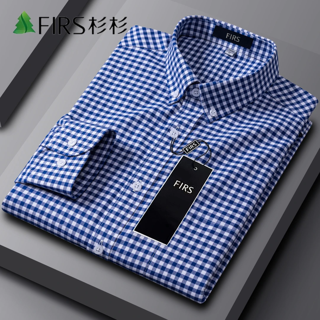 杉杉经典纯棉蓝白格子衬衫男士中青年春秋季长袖时尚休闲百搭衬衣