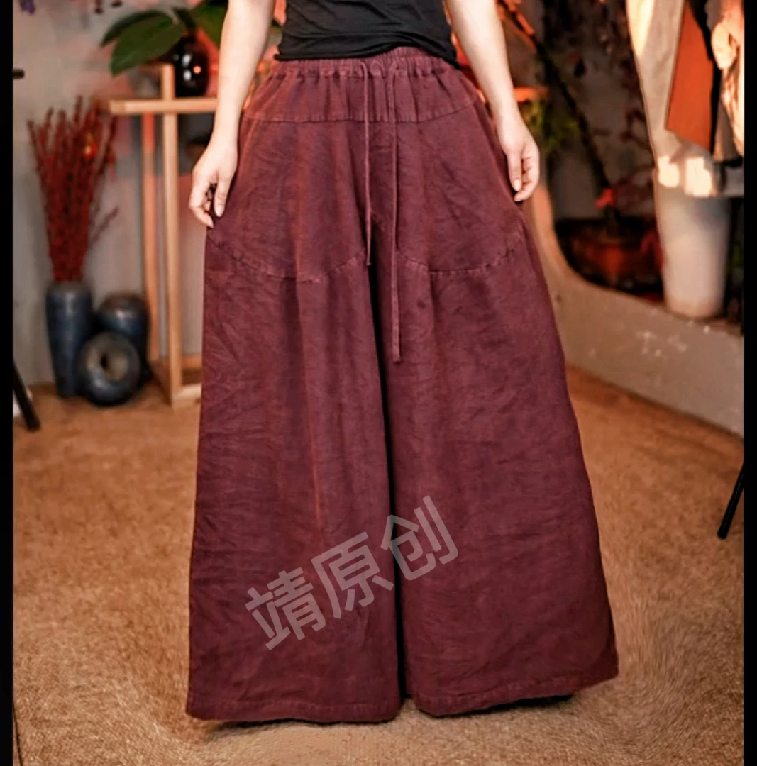 2877【靖靖原创】高品质炒色亚麻拼接裙裤（长95-100腰围120）