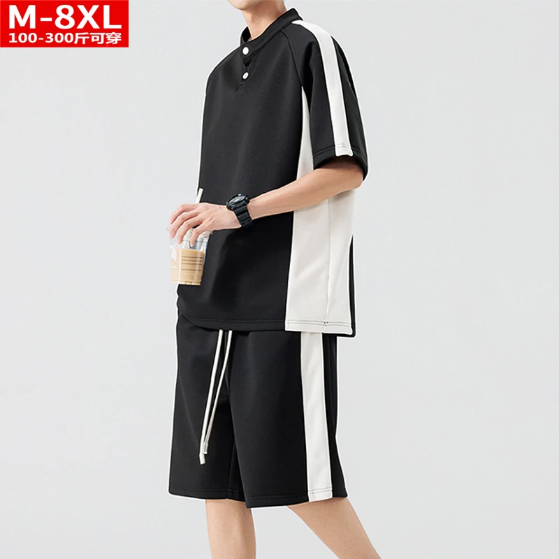 夏季港风潮流男装拼色立领短袖T恤五分裤加肥加大码运动休闲套装