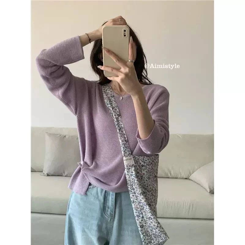 （不怕晒的紫）亚麻莱赛尔！宽松慵懒针织衫女夏季防晒长袖上衣9019