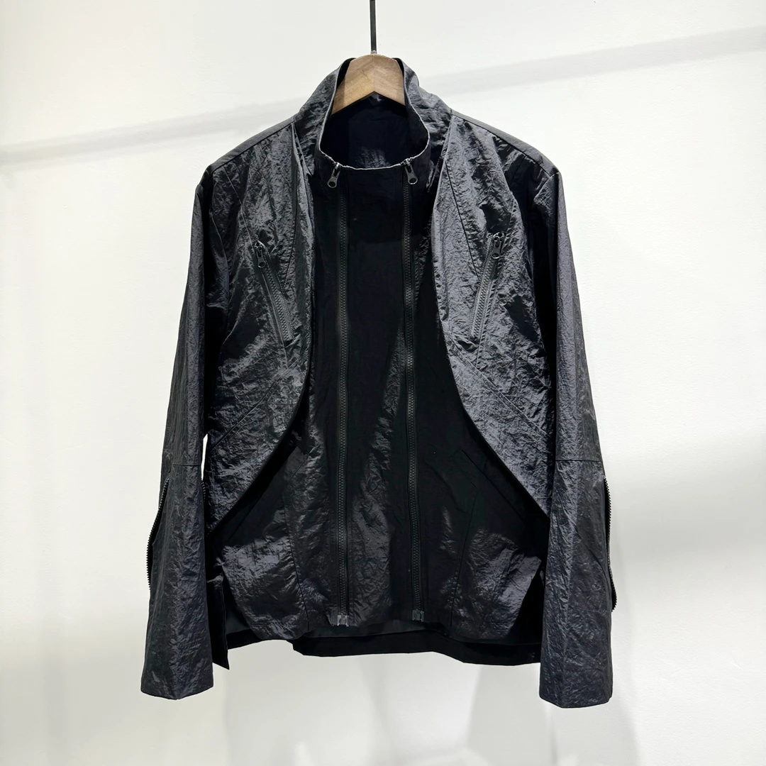 简约时尚小众男士双拉链门襟假两件夹克潮流港风宽松百搭休闲外套