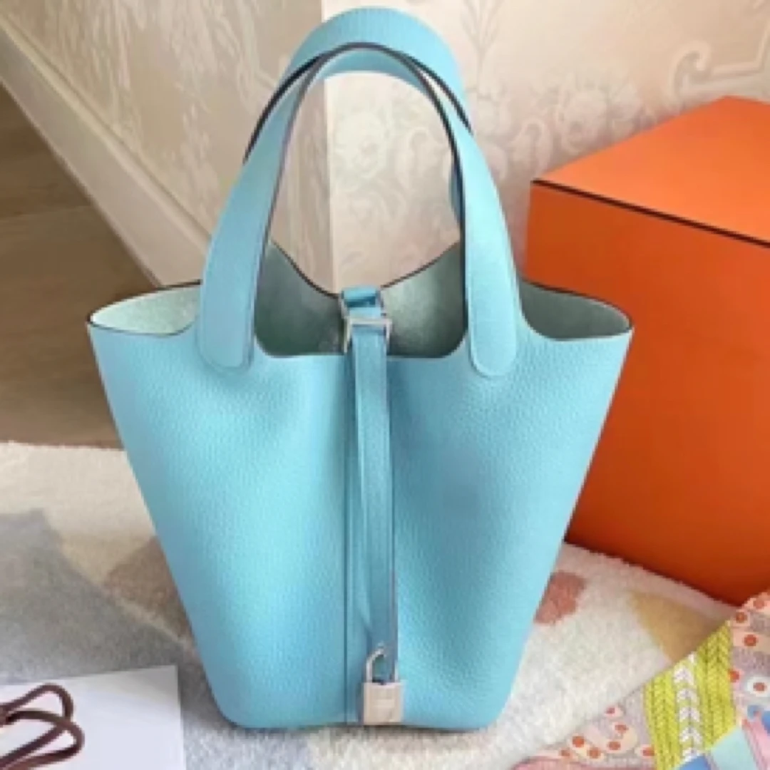 99新 Hermes/爱马仕 【老于】菜篮子18马卡龙蓝银扣t手提包