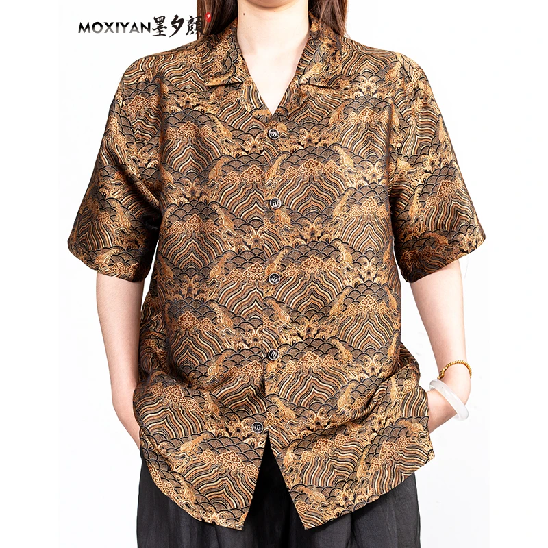 【墨夕颜】新款香云纱桑蚕丝男装 江崖海水织锦衬衫-MH-821