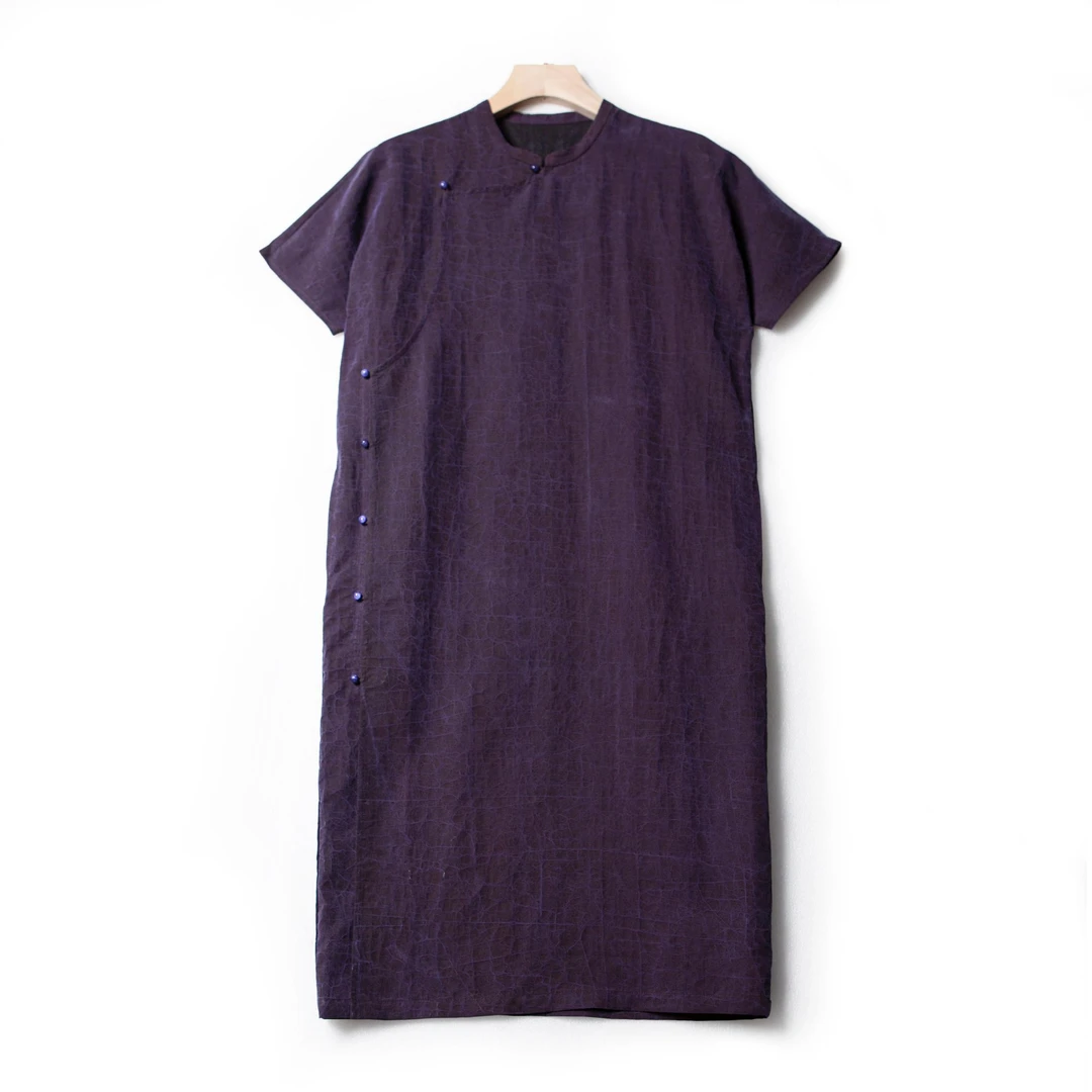 【NMS诗绣香云纱】提花圆领灯笼裙长裙中长款龟纹港风旗袍紫色