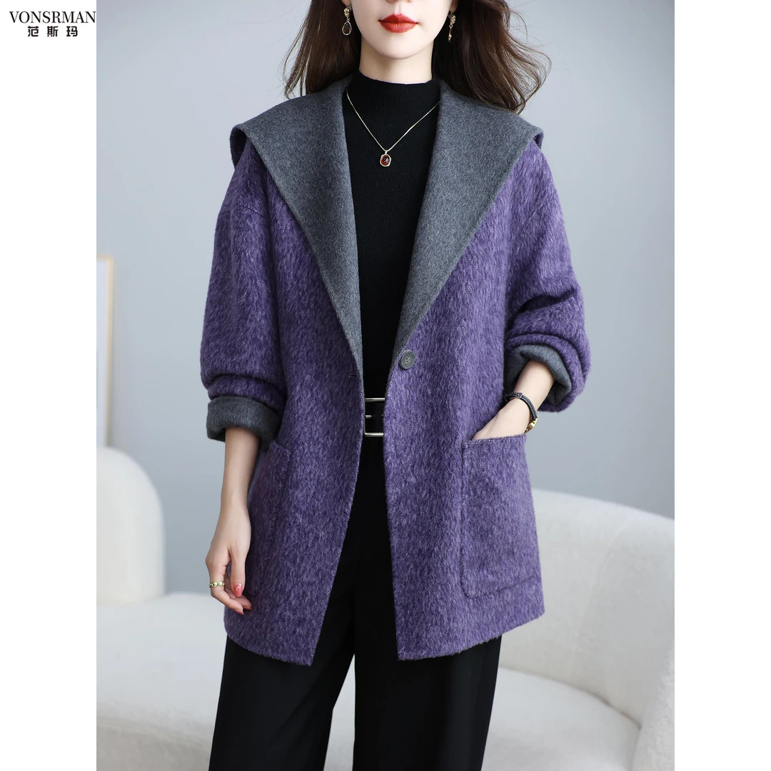 2025新款冬季双面绒紫色外套大衣女小个子中长韩版呢外套气质休闲