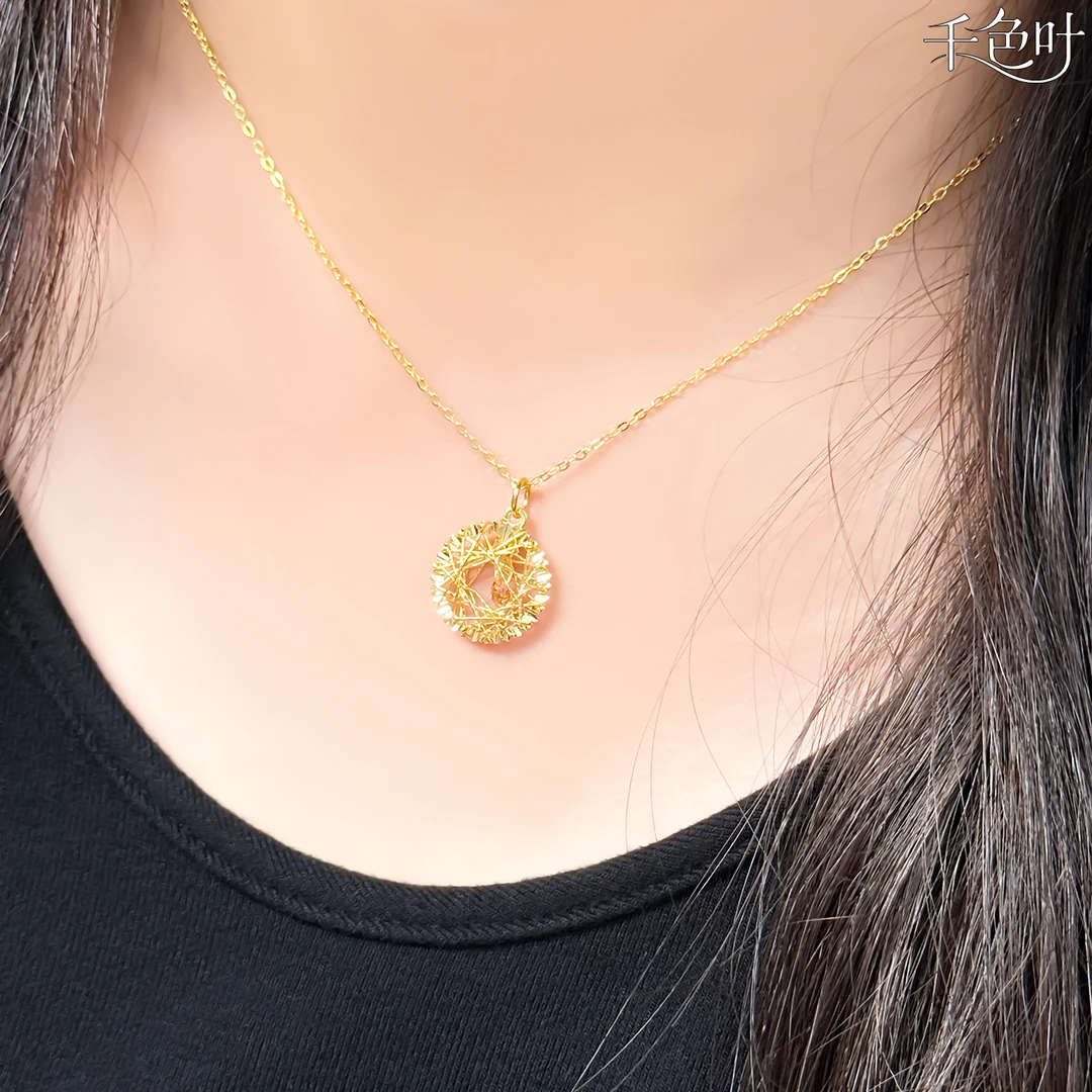 坠链均足银合成锆石 足银999电镀金梦幻手工编织镂空吊坠闪O项链