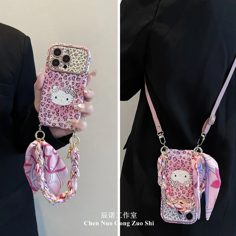 适用苹果华为手机壳16iphone15卡通豹纹kt猫mate70/p80手提保护套