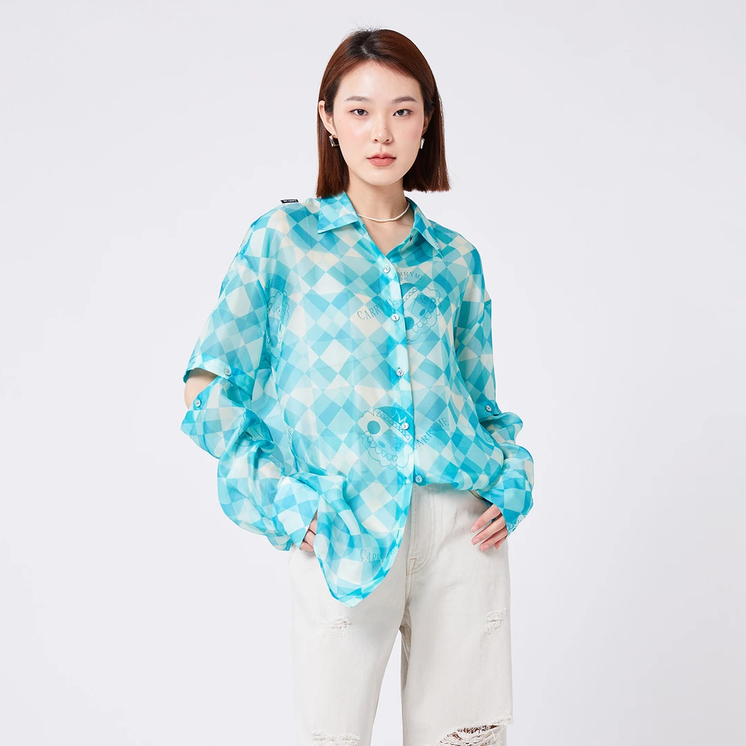 MUUMUN设计感可拆卸袖子创意印花长袖薄衬衫女