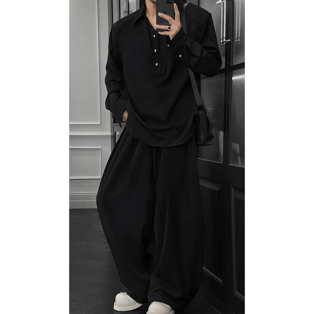 2025新品设计师款假两件衬衫套装男简约百搭休闲裤