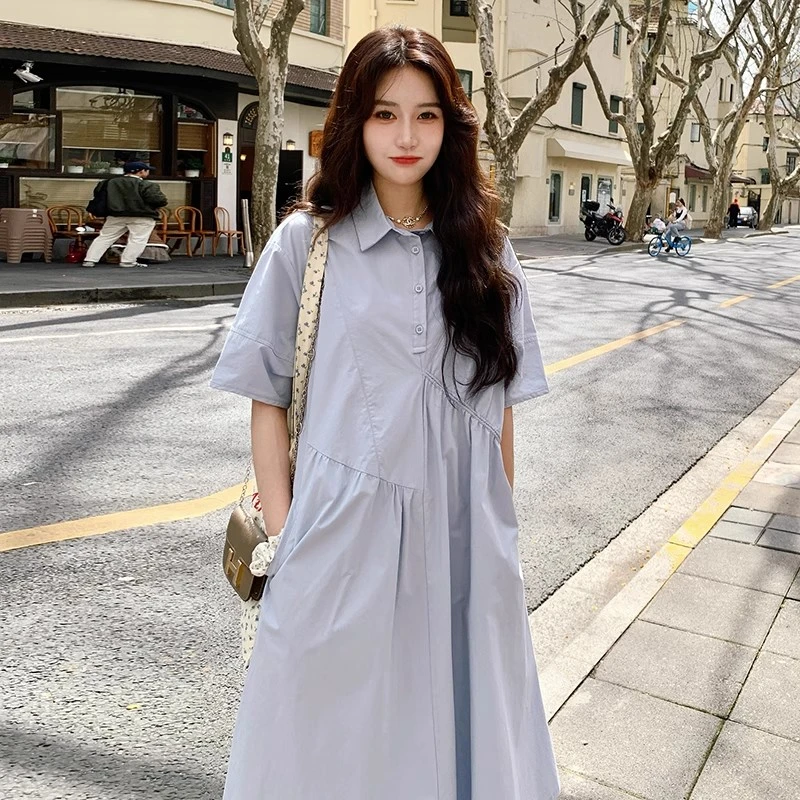 大码小清新抽绳衬衫连衣裙女夏季2025胖mm温柔气质显瘦休闲a字裙