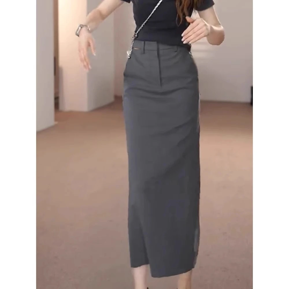 夏季新款复古高级感灰色西装休闲长裙今年流行高腰直筒开叉裙子夏