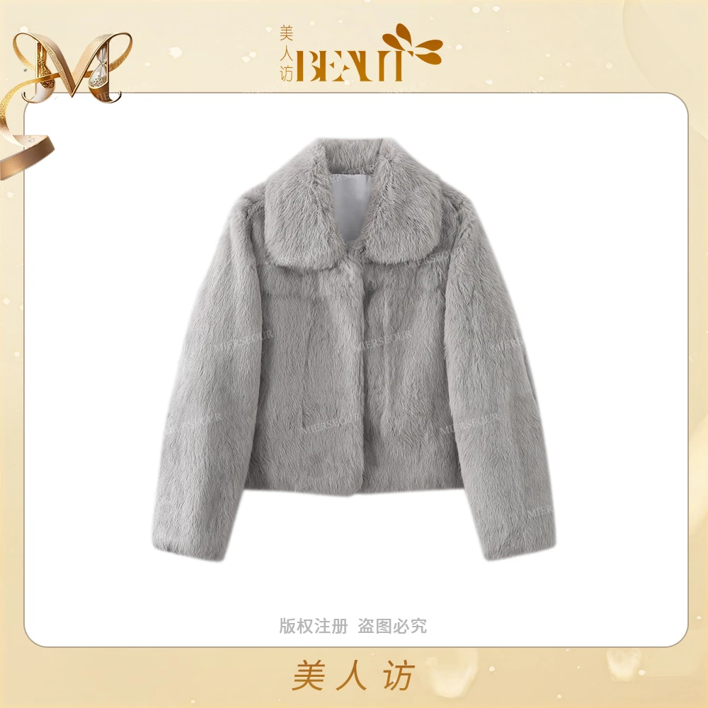 美人访【悉尼日落】月光灰调奶斯小兔毛翻领外套12551