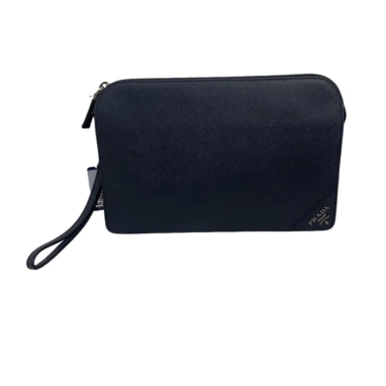 99新 Prada/普拉达 男士休闲时尚百搭全皮藏蓝色十字纹手拿包/118