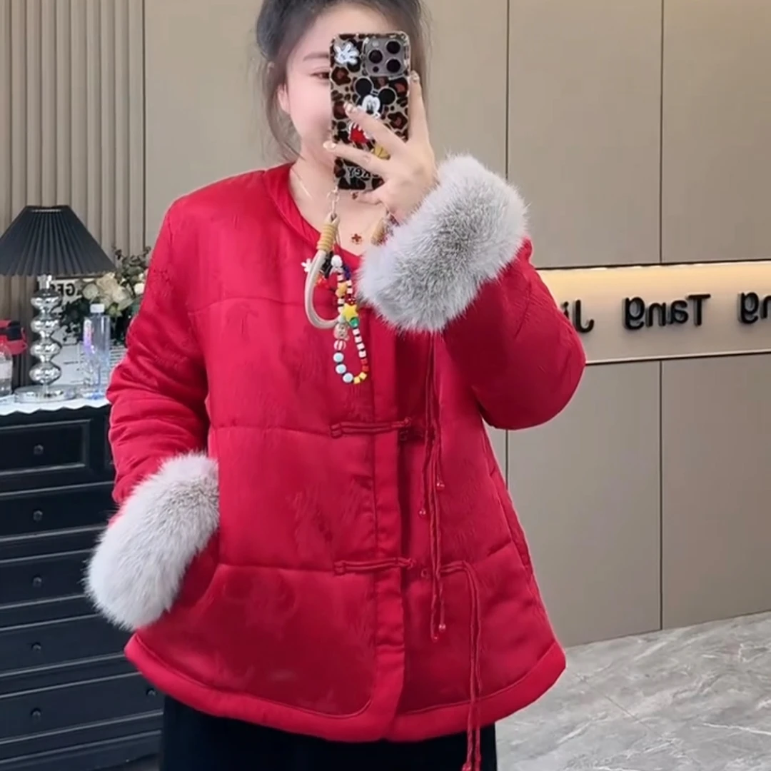 9989大码女装秋冬新款复古国风盘口毛毛袖棉服外套