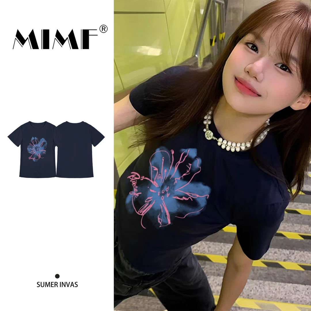 mnmf高街甜酷正肩修身短袖T恤女装夏季辣妹风设计感圆领印花上衣