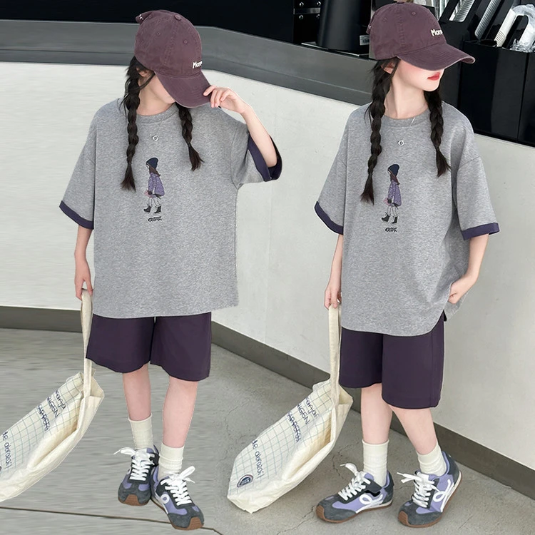 女童夏装短袖套装2025新款女大童夏季休闲T恤五分中短裤两件套装