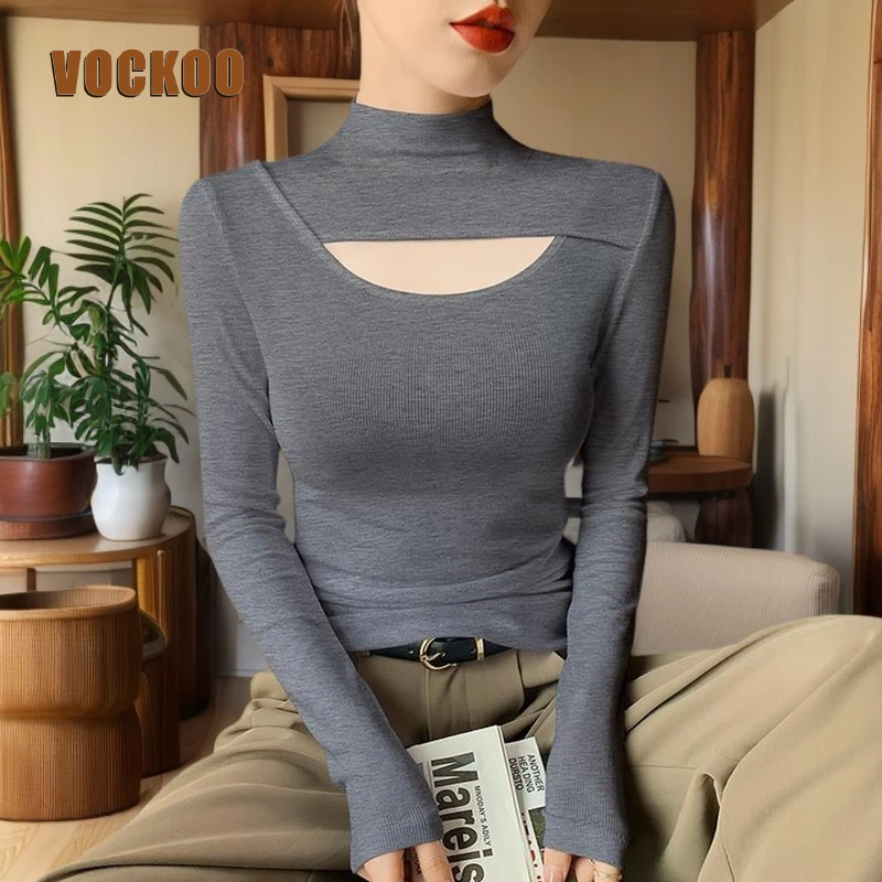 VOCKOO灰色半高领打底衫女内搭2025新款春秋洋气内搭镂空小