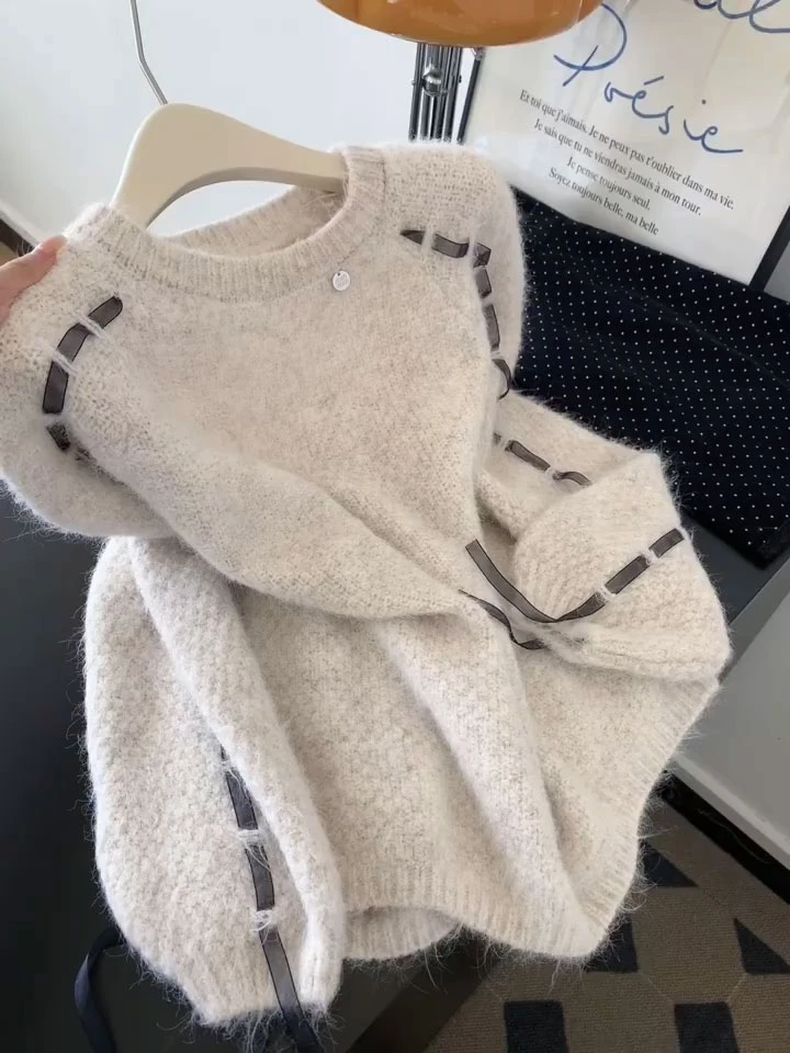 韩系慵懒风系带内搭针织衫女秋冬季宽松显瘦软糯别致套头长袖毛衣