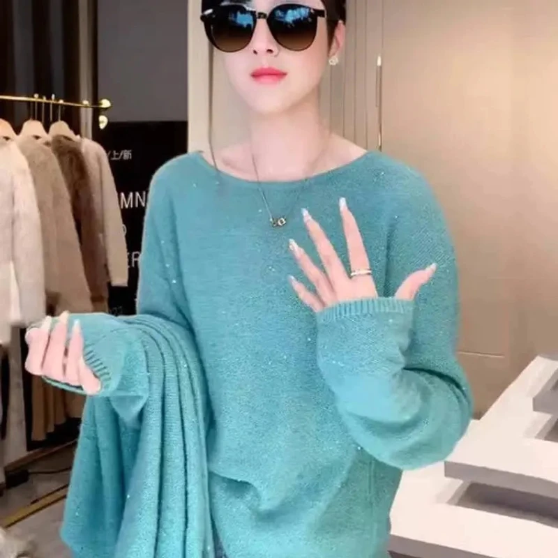 圆领蓝色时尚百搭套头毛衣针织衫女春季宽松显瘦内搭外穿女装上衣