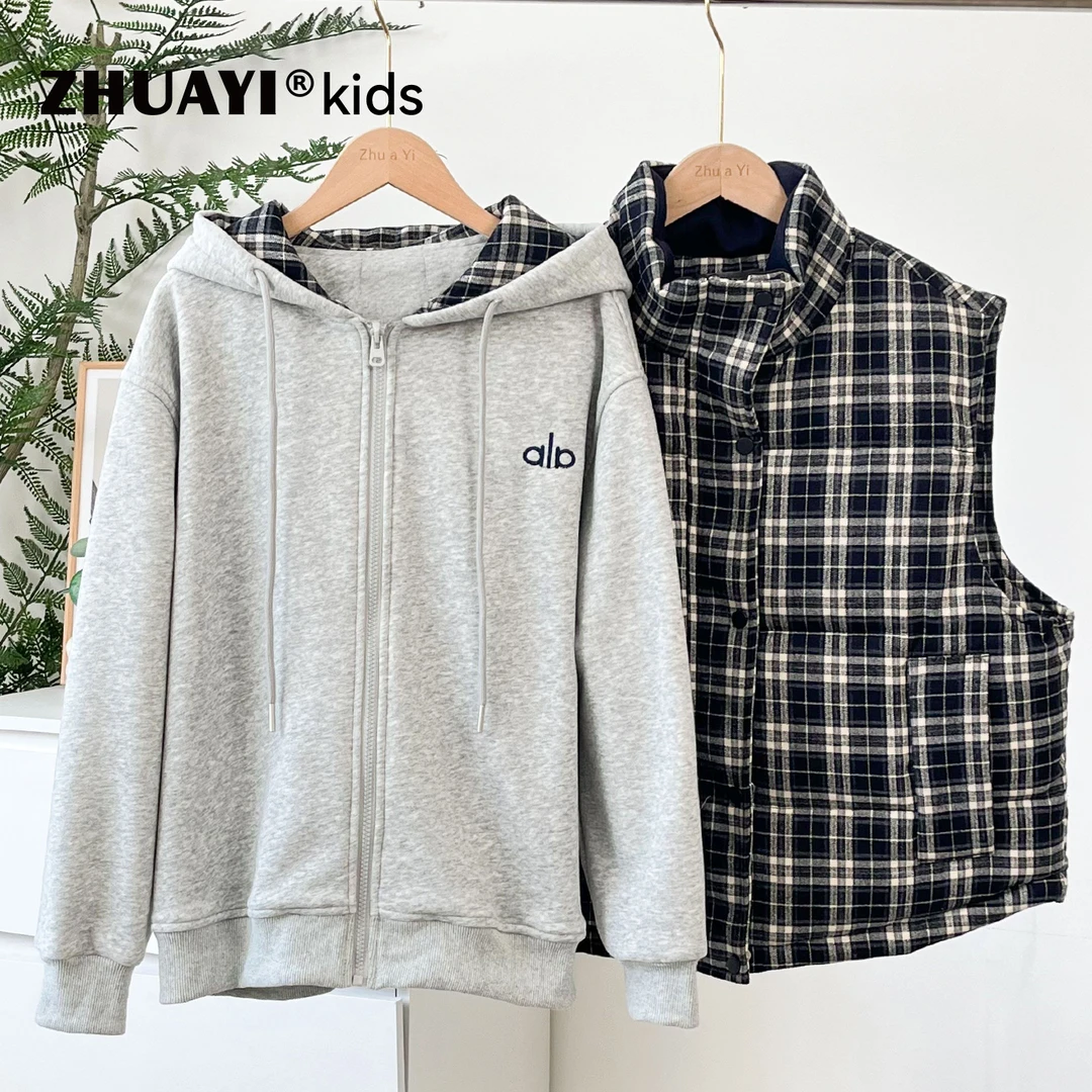格子马甲+外套两件套女大童秋冬连帽加绒卫衣夹棉马夹（25410301）1
