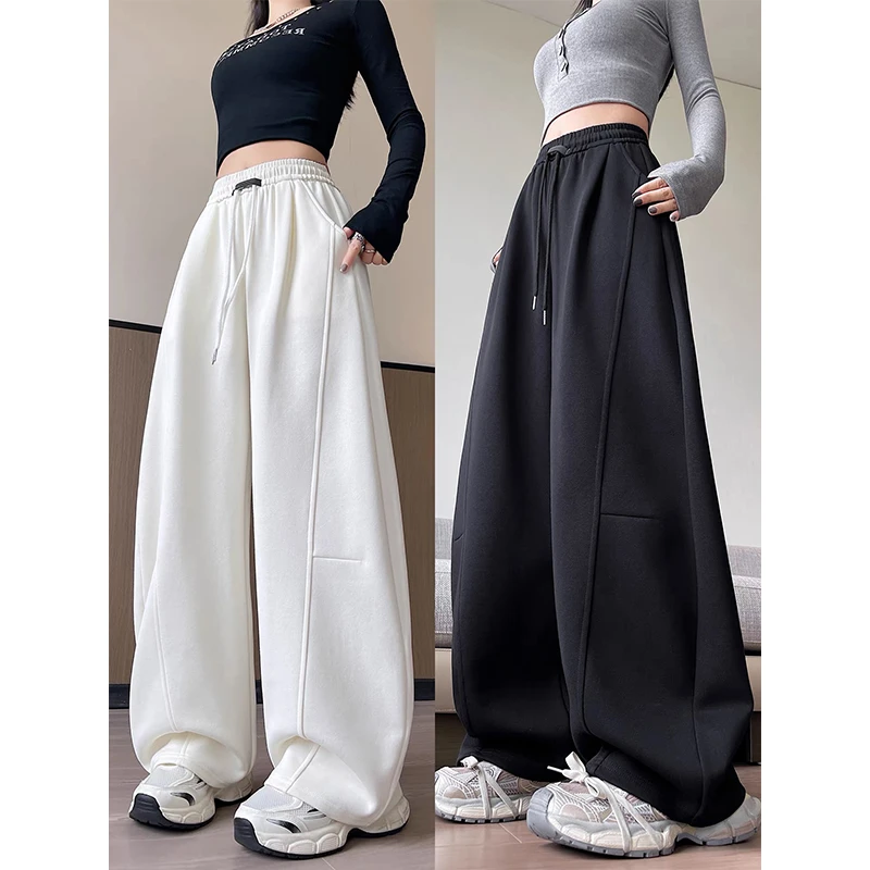 弯刀阔腿裤女春秋季胖妹妹大码宽松白灰色运动卫裤休闲爵士舞裤子