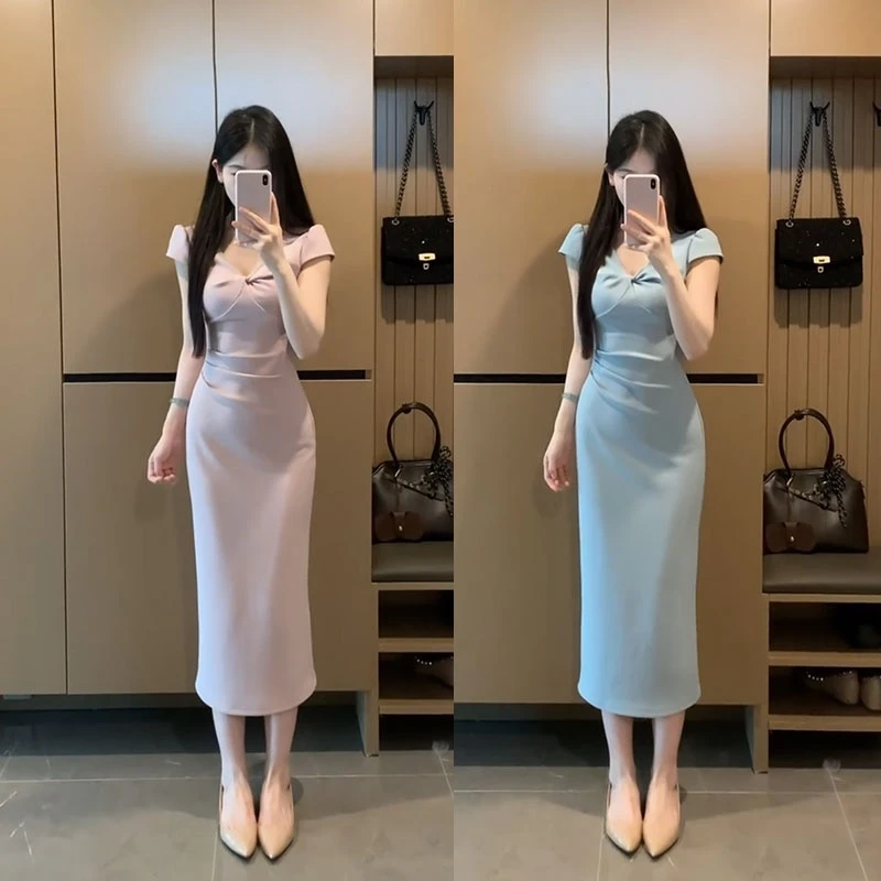 法式欧若风气质扭结连衣裙设计感收腰显身材包臀长裙子