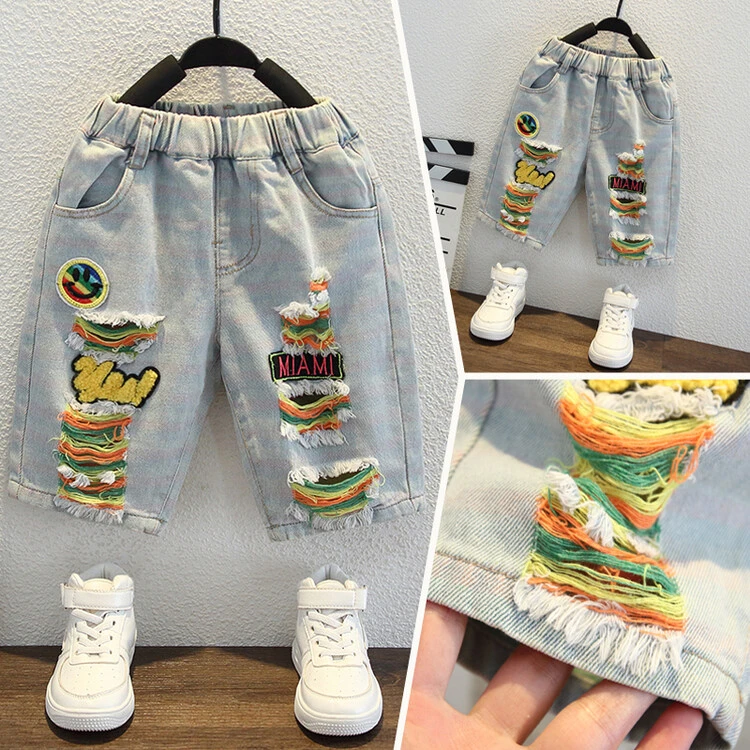宝宝洋气裤子薄款爆款直筒新款大童背带裤阔腿男童夏款破洞牛仔裤