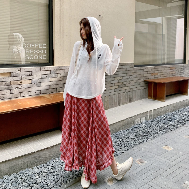 韩系ins松弛感连帽罩衫红格纹半裙2025春秋新款小众复古通勤套装