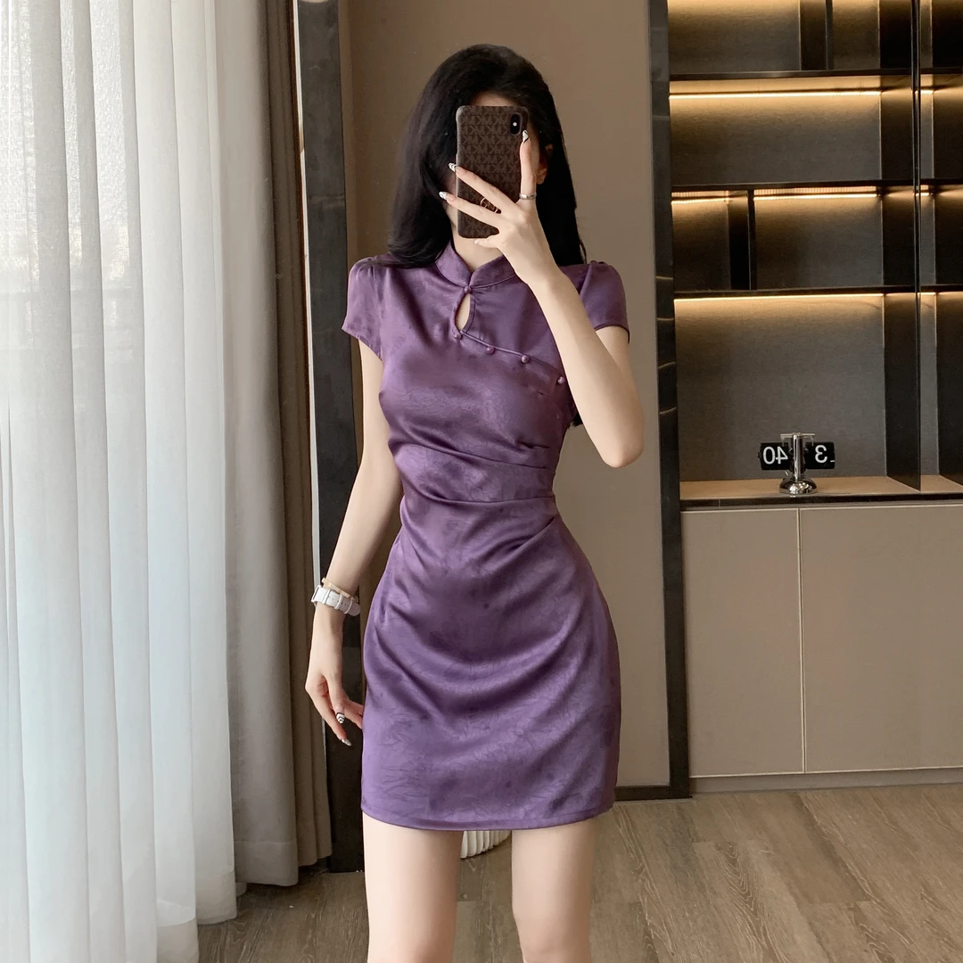 小个子新中式改良旗袍裙子女夏季新款紫色提花国风气质显瘦连衣裙