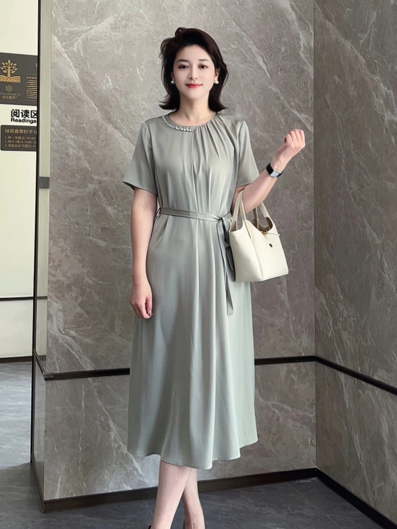 夏季新款轻奢优雅原创设计桑蚕丝连衣裙25038