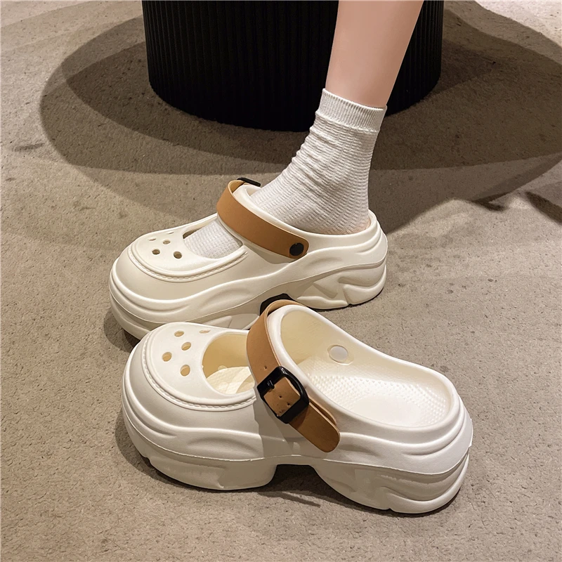 玛丽珍时尚厚底洞洞鞋2025新款休闲外穿防滑凉鞋百搭包头半拖鞋