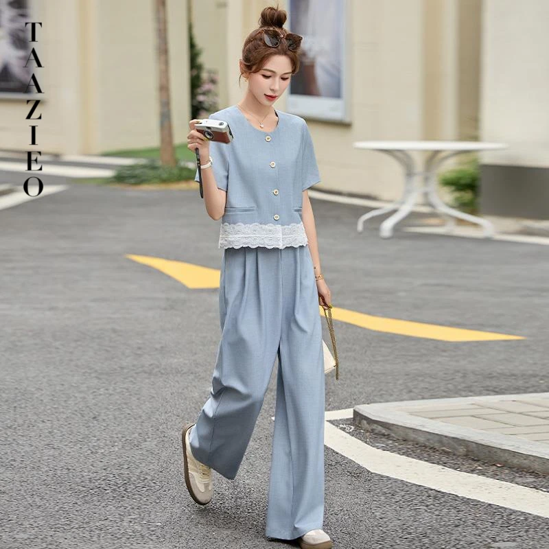 TAAZIEO时尚气质蕾丝拼接上衣阔腿裤套装两件套女夏2025新款韩系