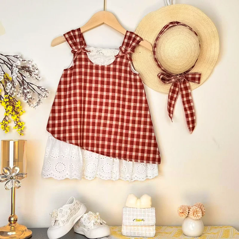 甜柚比比儿童套裙半身裙女童格子裙假两件休闲夏季女孩甜美夏款