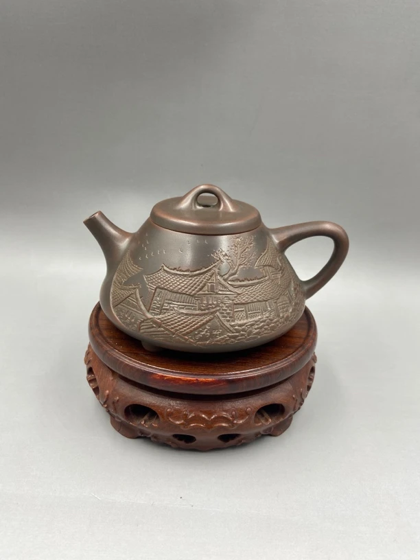 坭兴陶手工精品泡茶壶 子冶石瓢 满雕刻楼阁 容量200cc