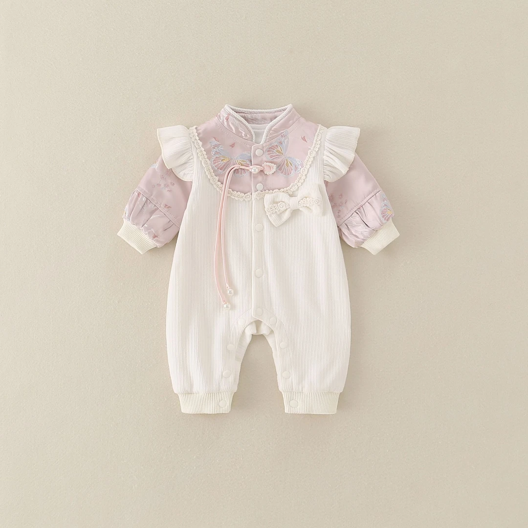 国风旗袍连体衣女宝宝秋装中式哈衣新生婴儿满月百天周岁公主礼服