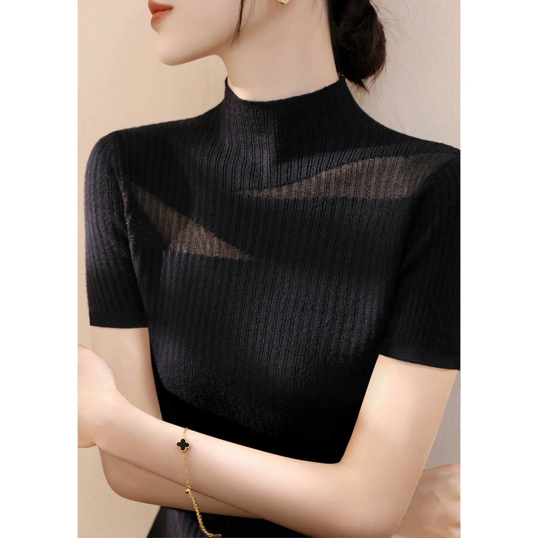 夏季半高领套头气质t恤针织衫2025年新款莱赛尔短袖修身上衣女