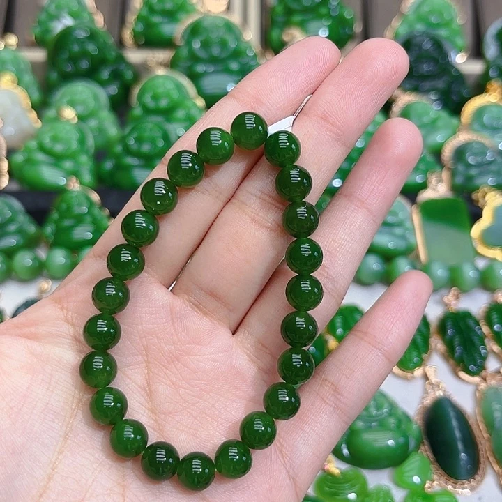 和田玉（碧玉）手串未镶嵌8m菠菜绿单圈