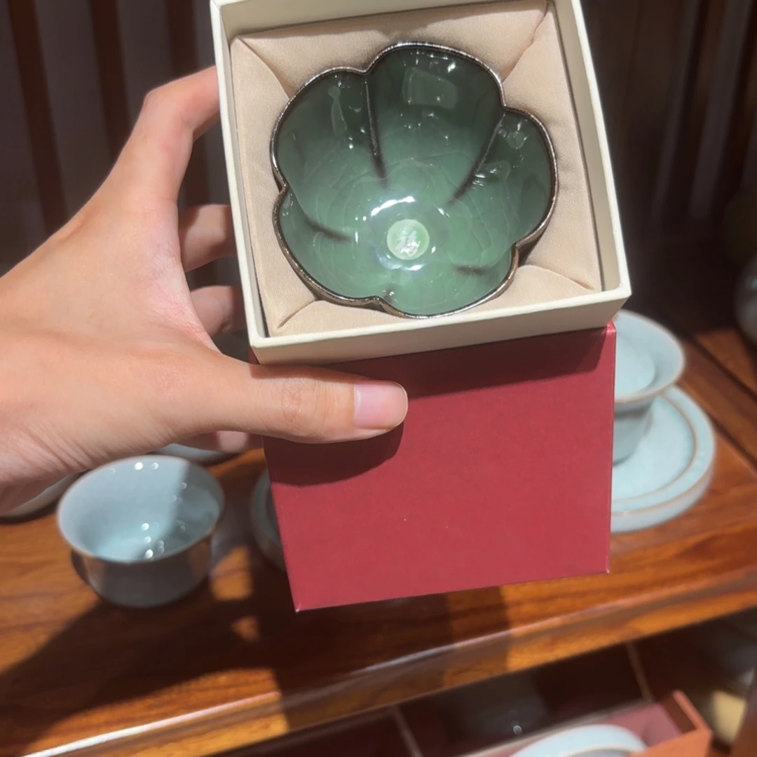 清***泉五福杯带礼盒哥窑开片