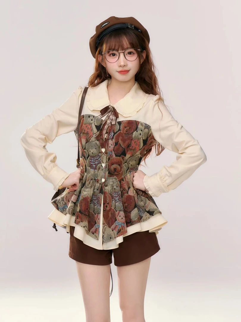 复古国风提花衬衫连衣裙女小个子早秋学院风套装8408